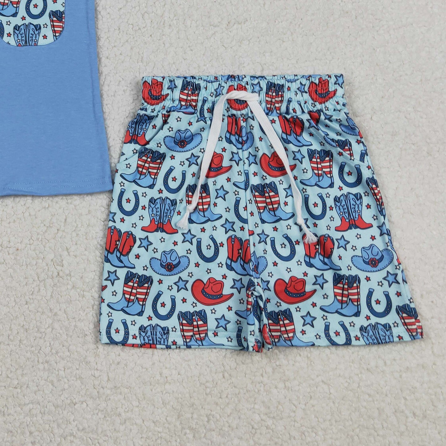 BSSO1829 RTS NO MOQ （In stock ）Pocket top boots hat shorts boys 4th of july outfits