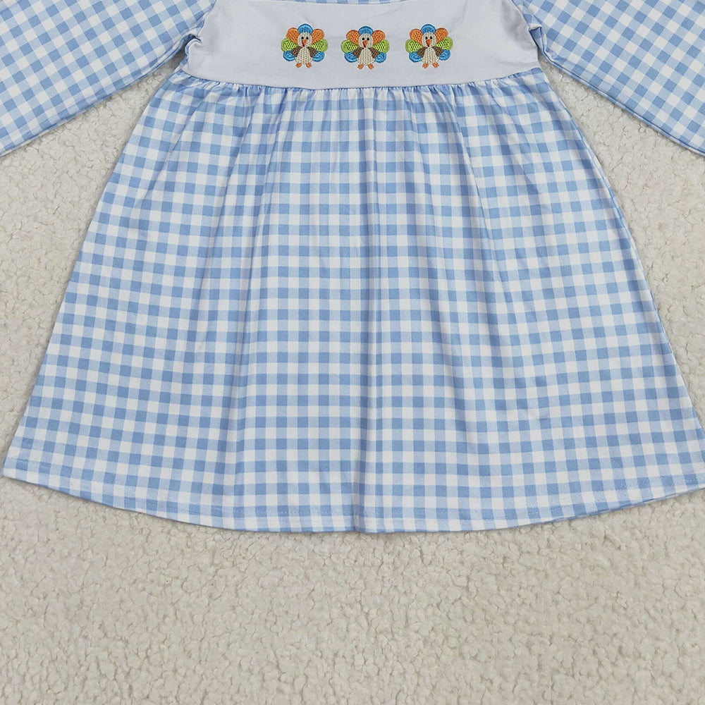 8.25  RTS NO MOQ （In stock）GLD1070 Baby Girls Winter Dress Embroidery Baby Girls Blue Checkered Thanksgiving Turkey Ruffle Knee Length Dress