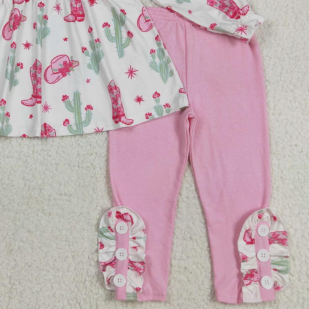 RTS NO MOQ （In stock）GLP2367 Baby Girls Winter Outfits Baby Girls Pink Boots Cactus Tunic Legging Pants Western Set