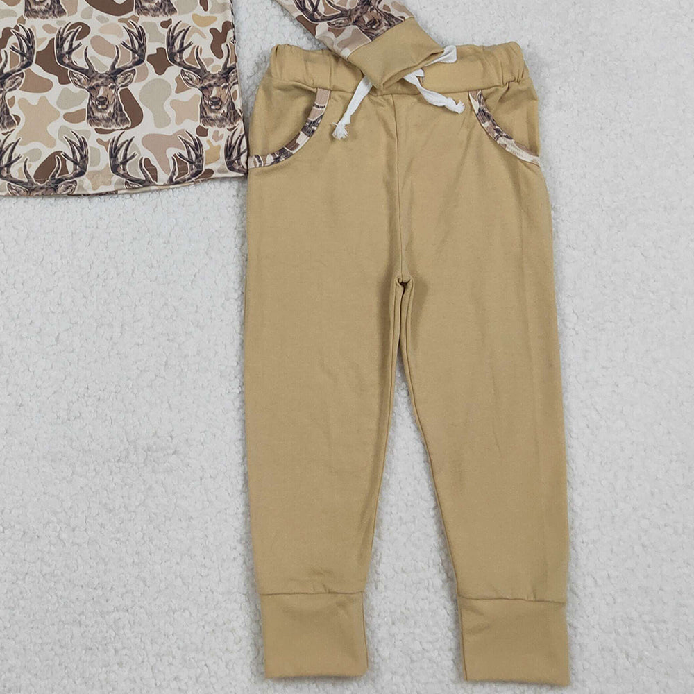 10.10 RTS NO MOQ （In stock）BLP1239 Baby Boys Winter Outfits Baby Boys Khaki Camo Deer Button Hoodies Pockets Leggings Hunting Clothes Set