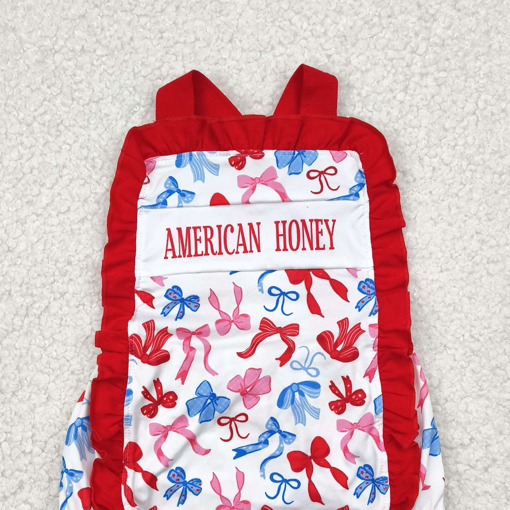 7.22 SR3048 RTS NO MOQ Baby Girls Summer Rompers American honey bows baby girls 4th of july romper