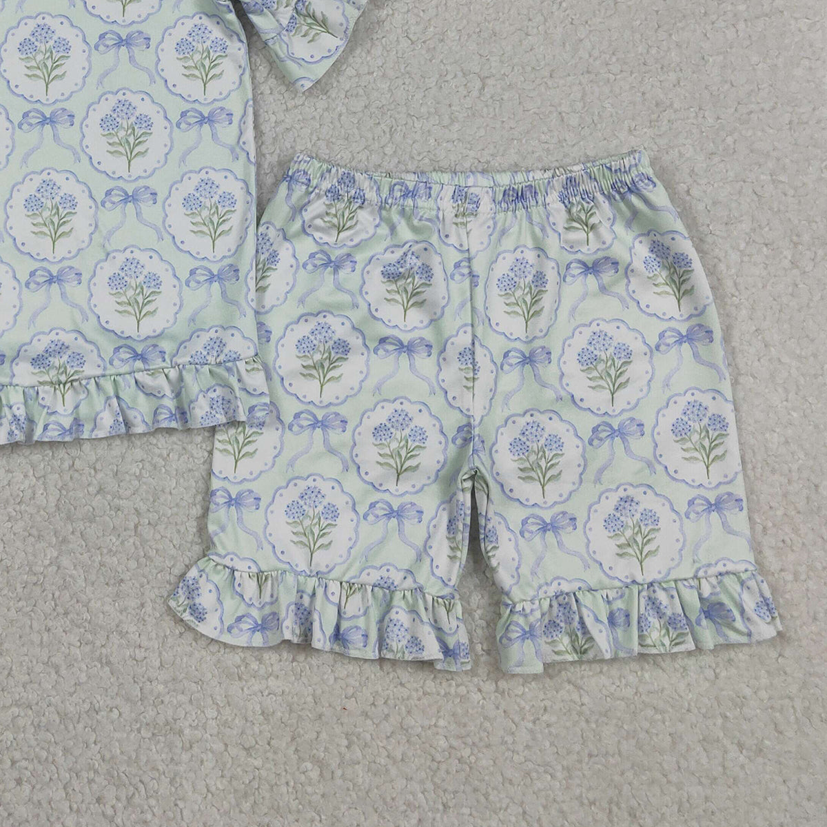 GSSO3323 RTS NO MOQ （In stock ）Short sleeves floral bow ruffle top shorts girls outfits