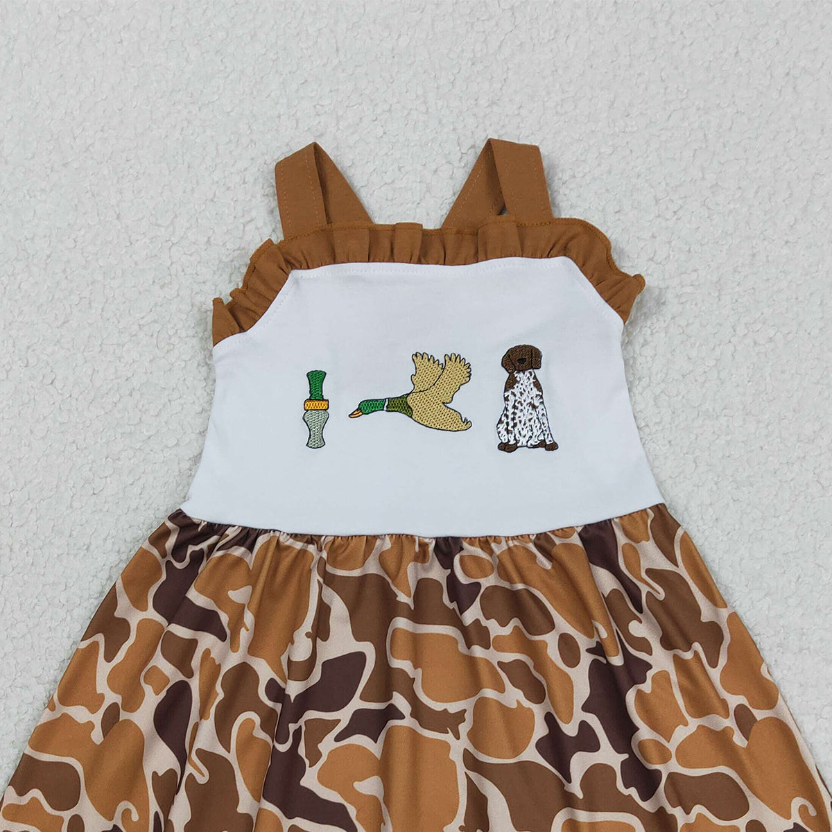 3.17 RTS NO MOQ （In stock）GSD1518 Kids Fashion Clothes Baby Girls Embroidery Duck Dogs Summer Strap Camo Hunting Knee Length Dress