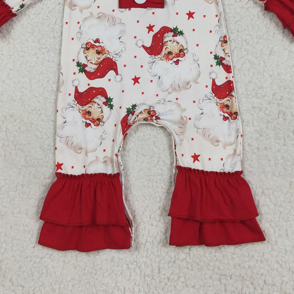 8.20 RTS NO MOQ （In stock）LR2395 Baby Girls Winter Rompers Baby Girls Christmas Long Sleeves Santa Stars Button Ruffle Rompers
