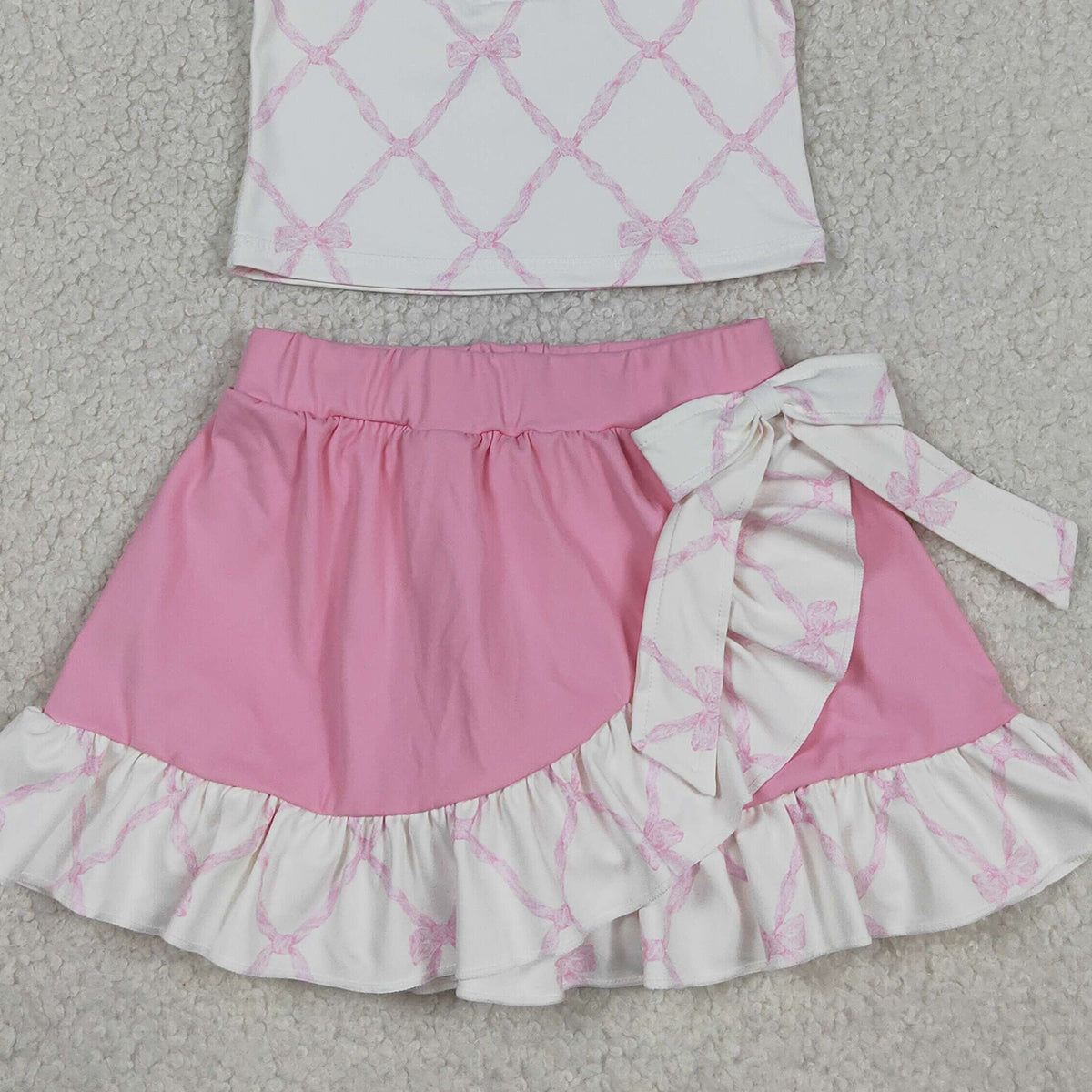 GSD3479 RTS NO MOQ （In stock ）Sleeveless pink bow top ruffle skirt girls activewear set