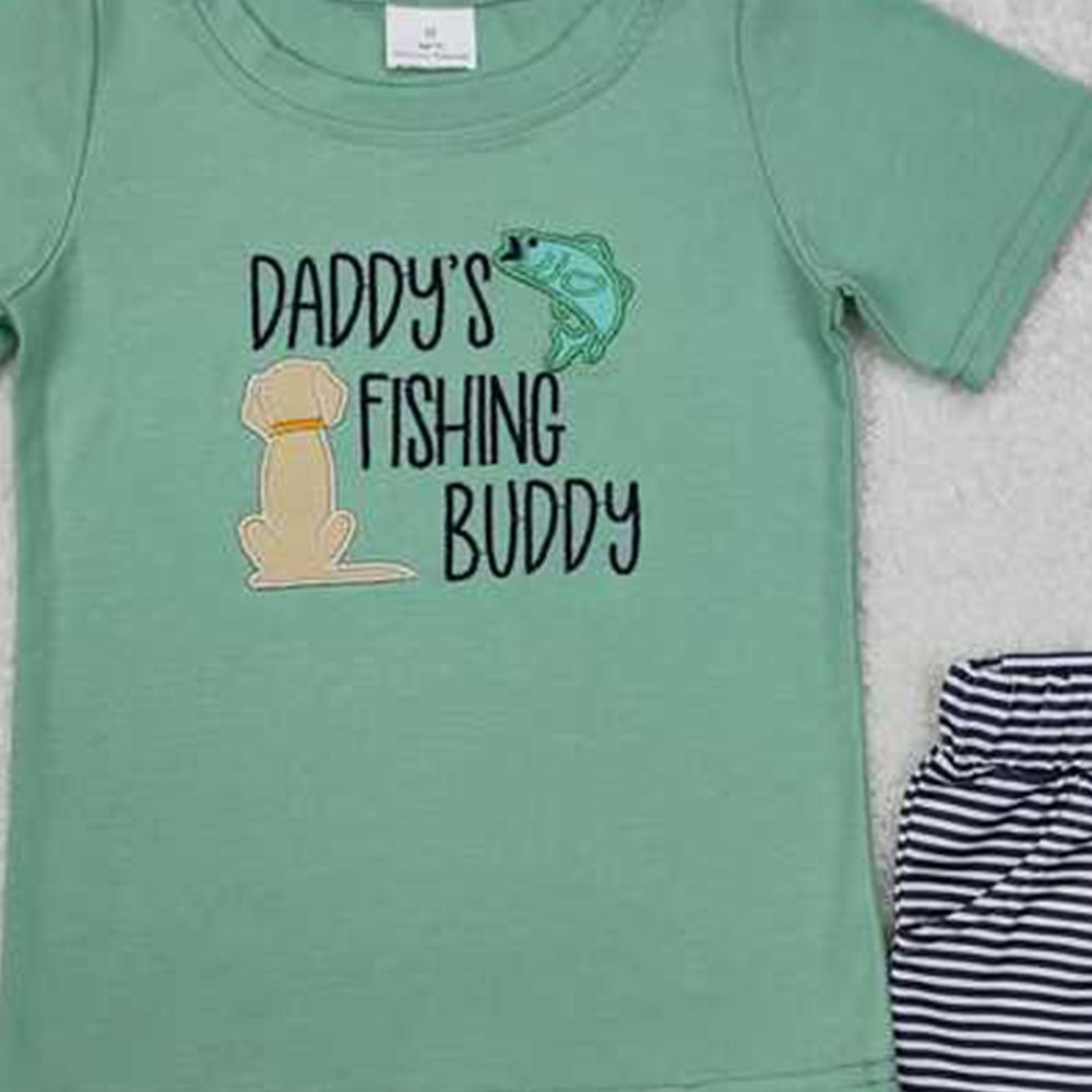 4.12 BSSO1147 RTS NO MOQ Baby Boys Embroidery Daddy's Fishing Stripe Shorts Set