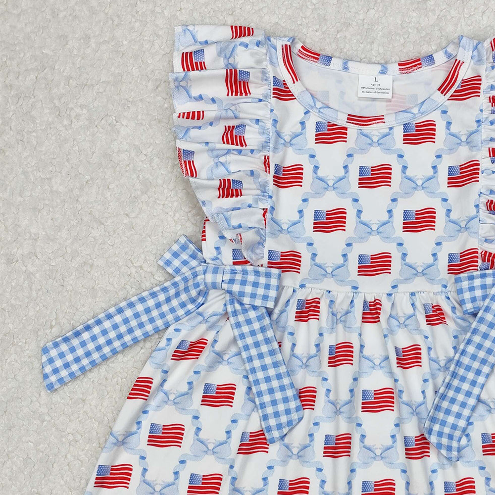 GSD1641Light Blue Plaid Bow Flag 4th of July Dress for Kids Girls Cute Patriotic Plaid Skirt with Bow Detail