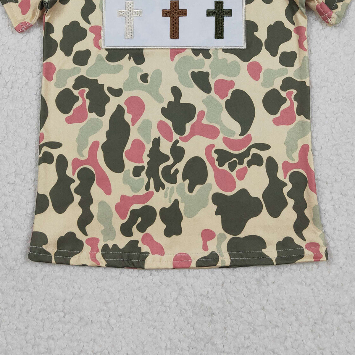12.15 RTS NO MOQ （In stock）BT1395 Embroidery Crosses Baby Boys Short Sleeve Camo Easter T-shirts Top