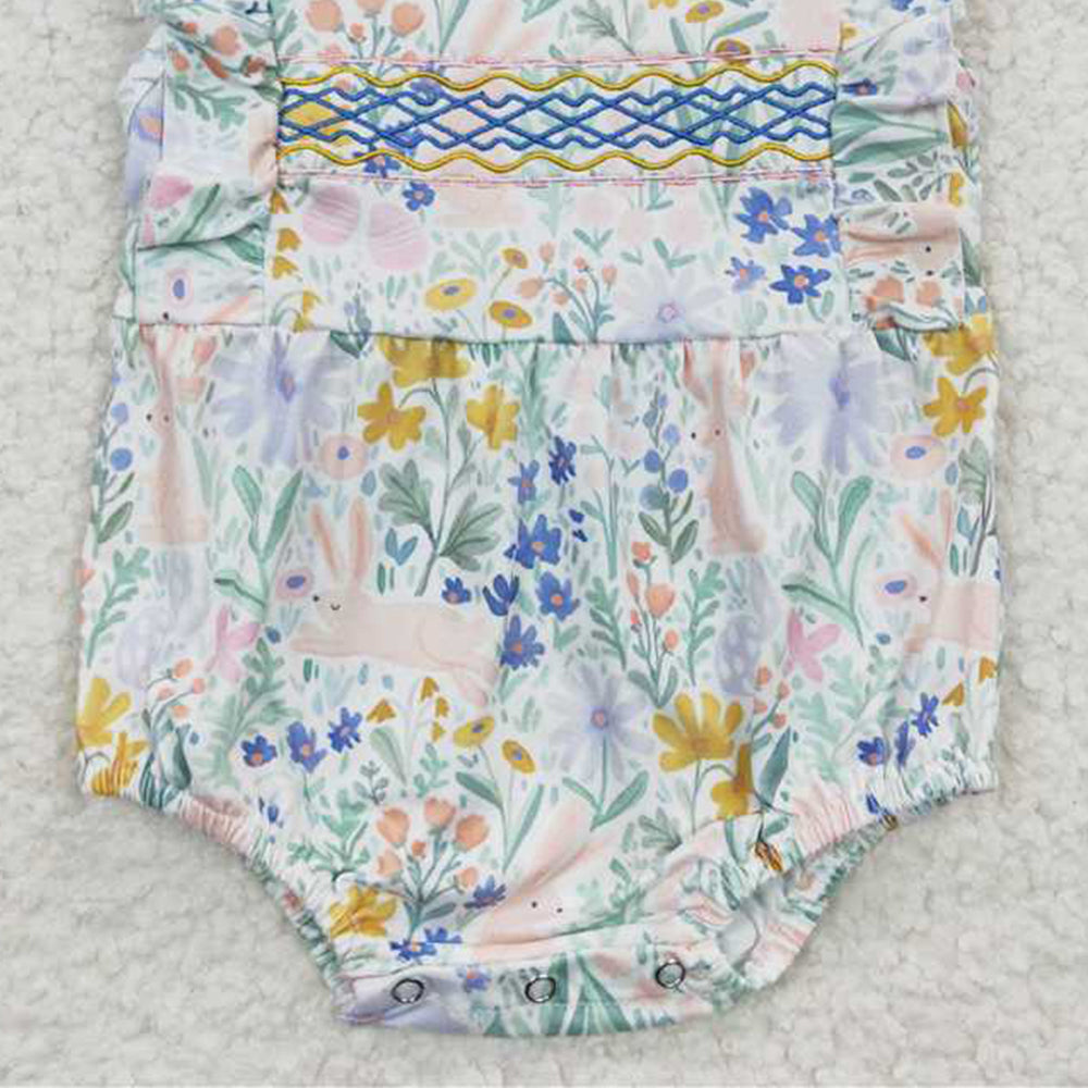 5.19  SR0262 RTS NO MOQ Rabbit floral embroidery baby girls easter romper