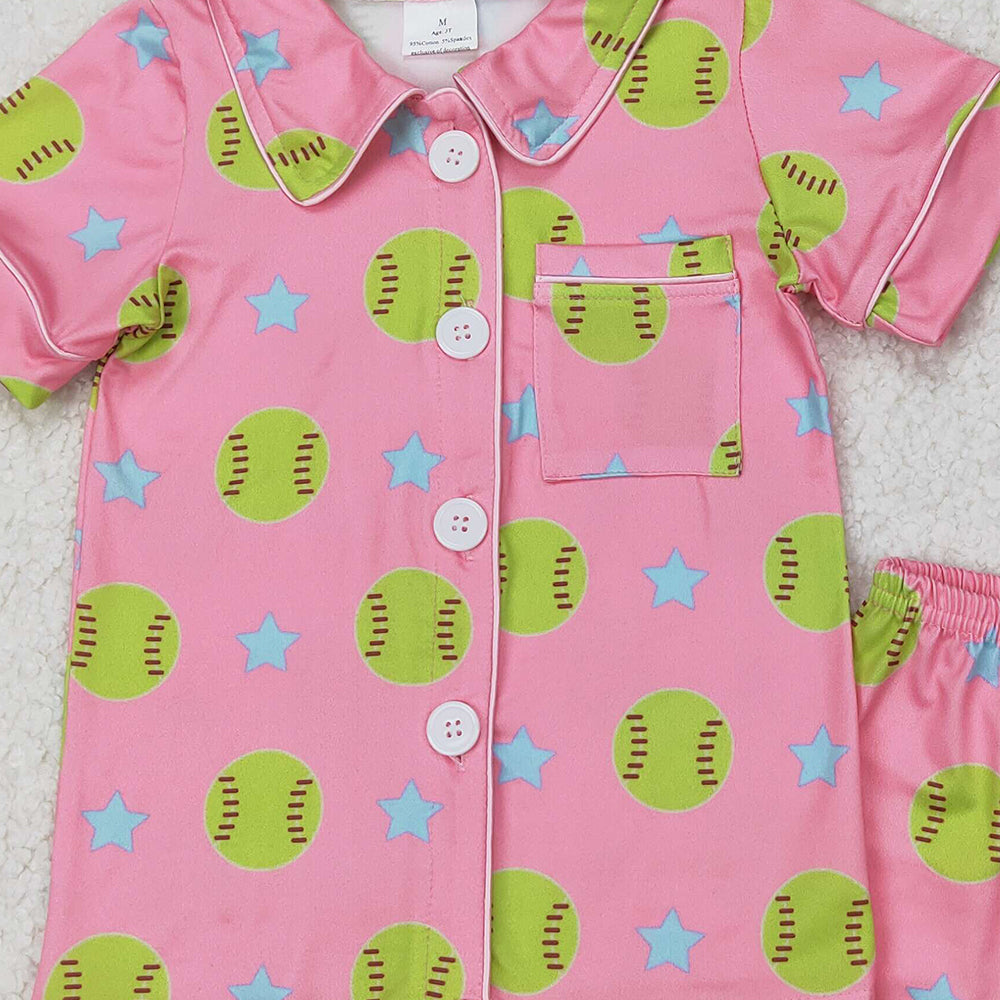 USA Shop (in stock) GSSO2203  Baby Girls Summer Pajamas Outfits Softball star pink short-sleeved shorts pajama set