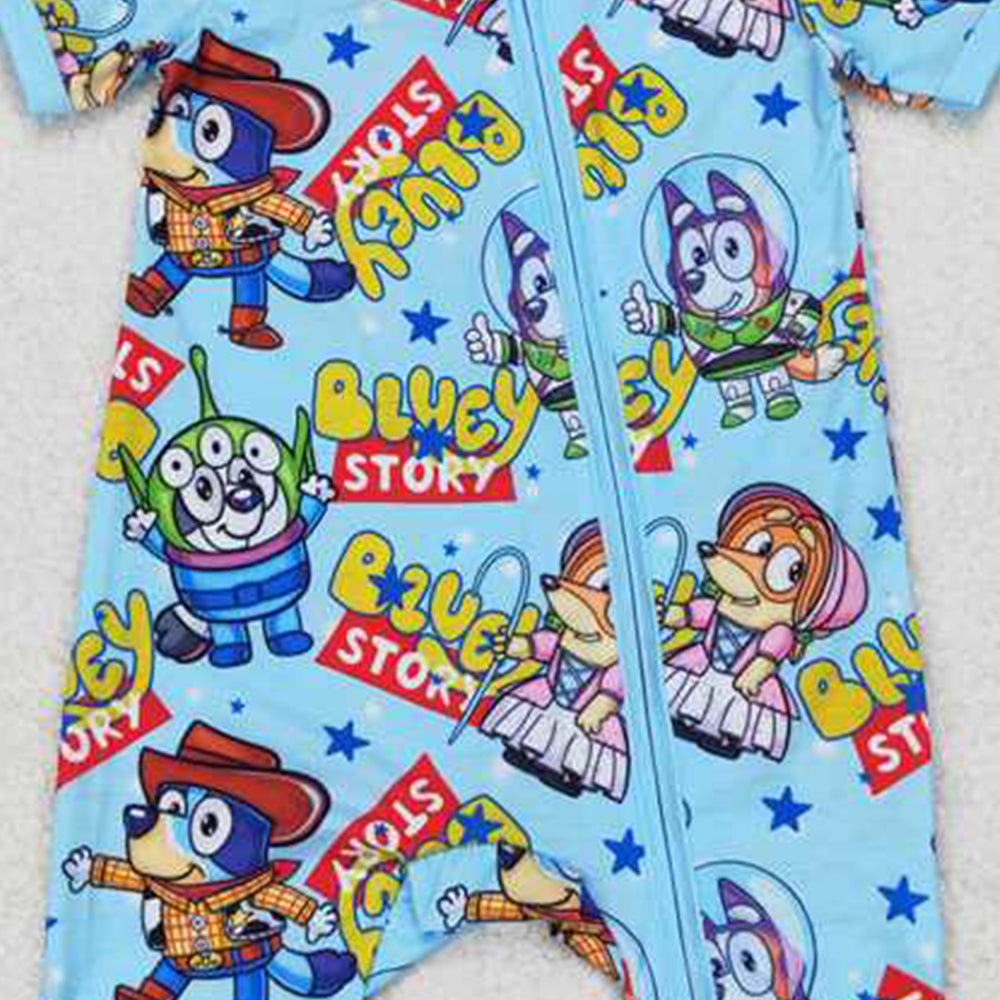 4.25 SR1723 RTS NO MOQ Short sleeves blue dog toy baby boy zipper romper