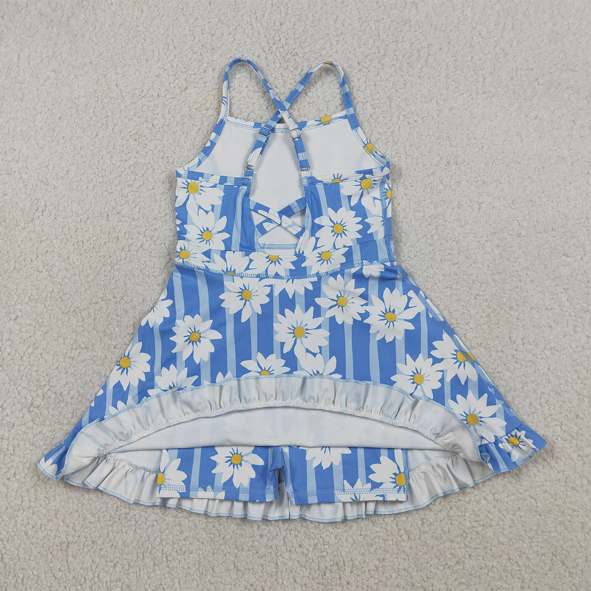 3.26 RTS NO MOQ （In stock）GSD2283 Kids Fashion Clothes Baby Girls Strap Blue Stripe Floral Yoga Ruffle Knee Length Dresses