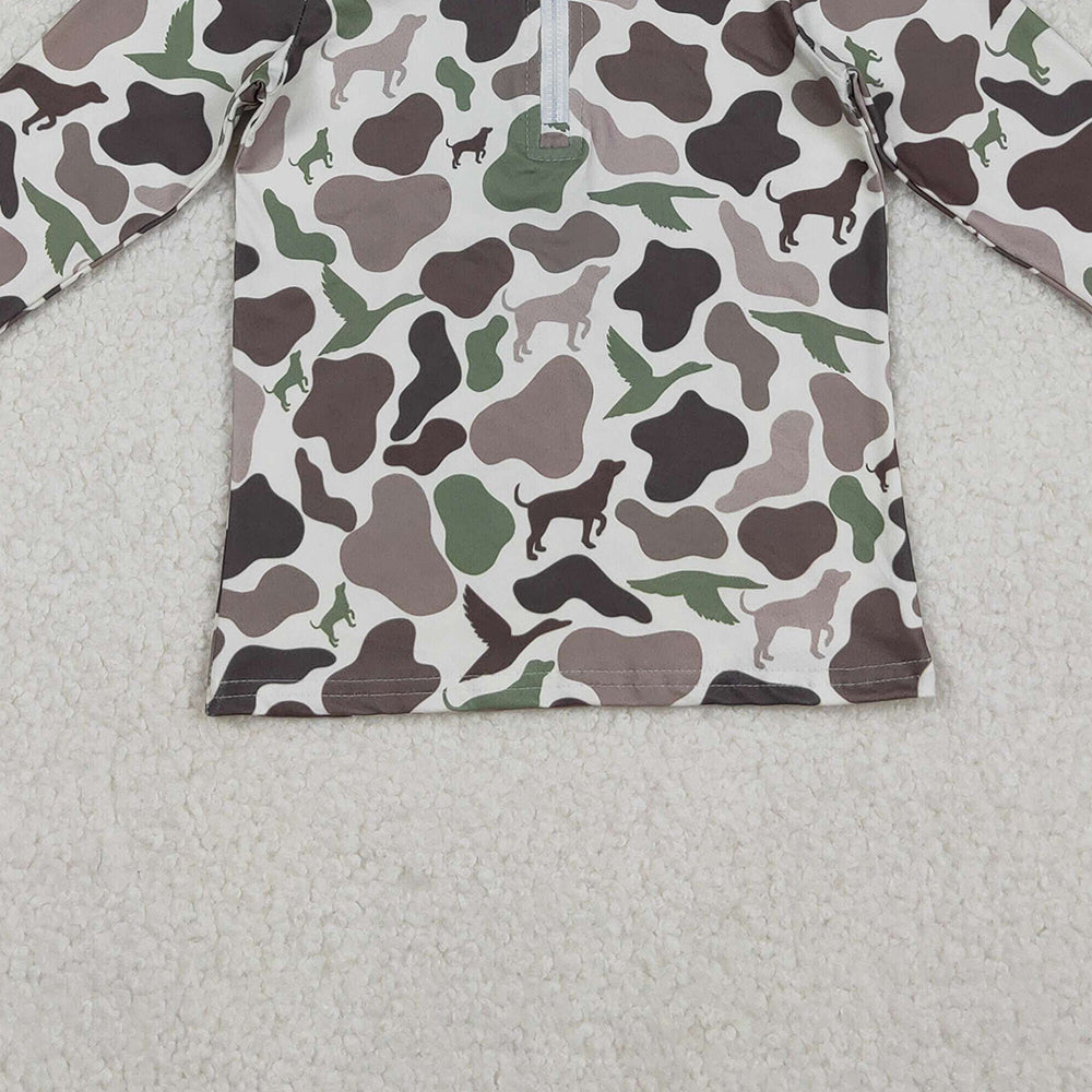 RTS NO MOQ （In stock）BT0955 Baby Boys Long Sleeve Tops Camouflage Half Zip Pullover Top Southern Dogs And Ducks Design