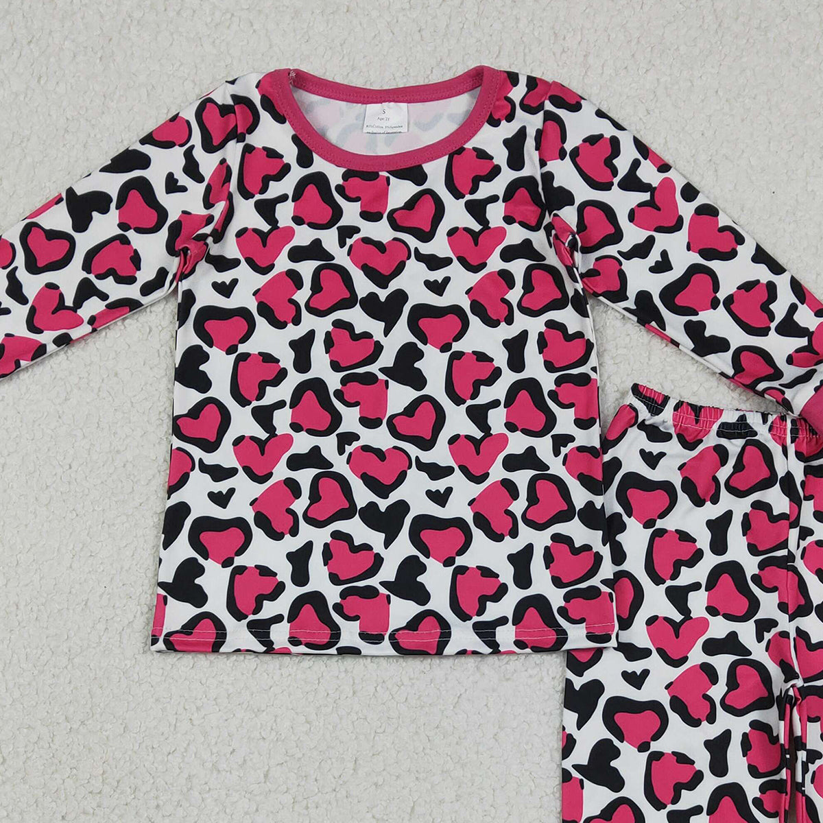 12.20 RTS NO MOQ （In stock）GLP2825 Baby Girls Hot Pink Hearts Leopard Top Pants Valentines Pajamas Sets