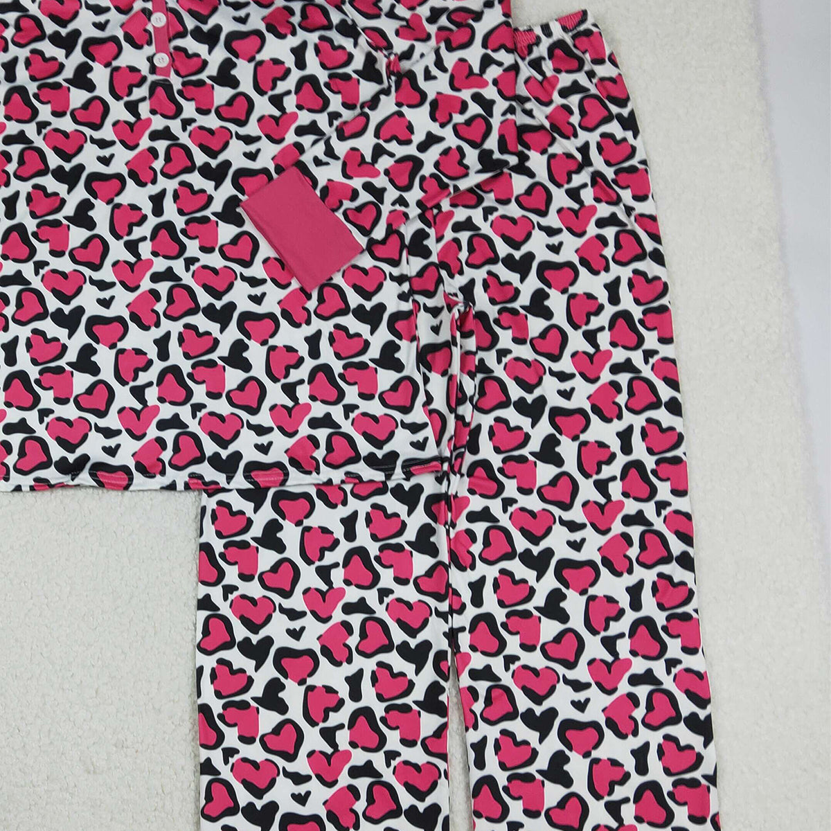 1.7 RTS NO MOQ （In stock）GLP2826 Adult Women Pink Black Hearts Leopard Pants Valentines Pajamas Sets