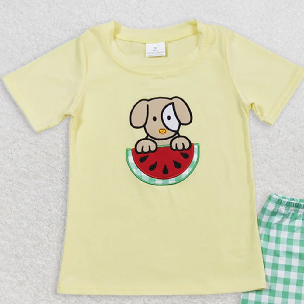 BSSO0446RTS NO MOQ Baby Boys Summer Boys Outfits  Dog watermelon top green shorts boys summer outfits