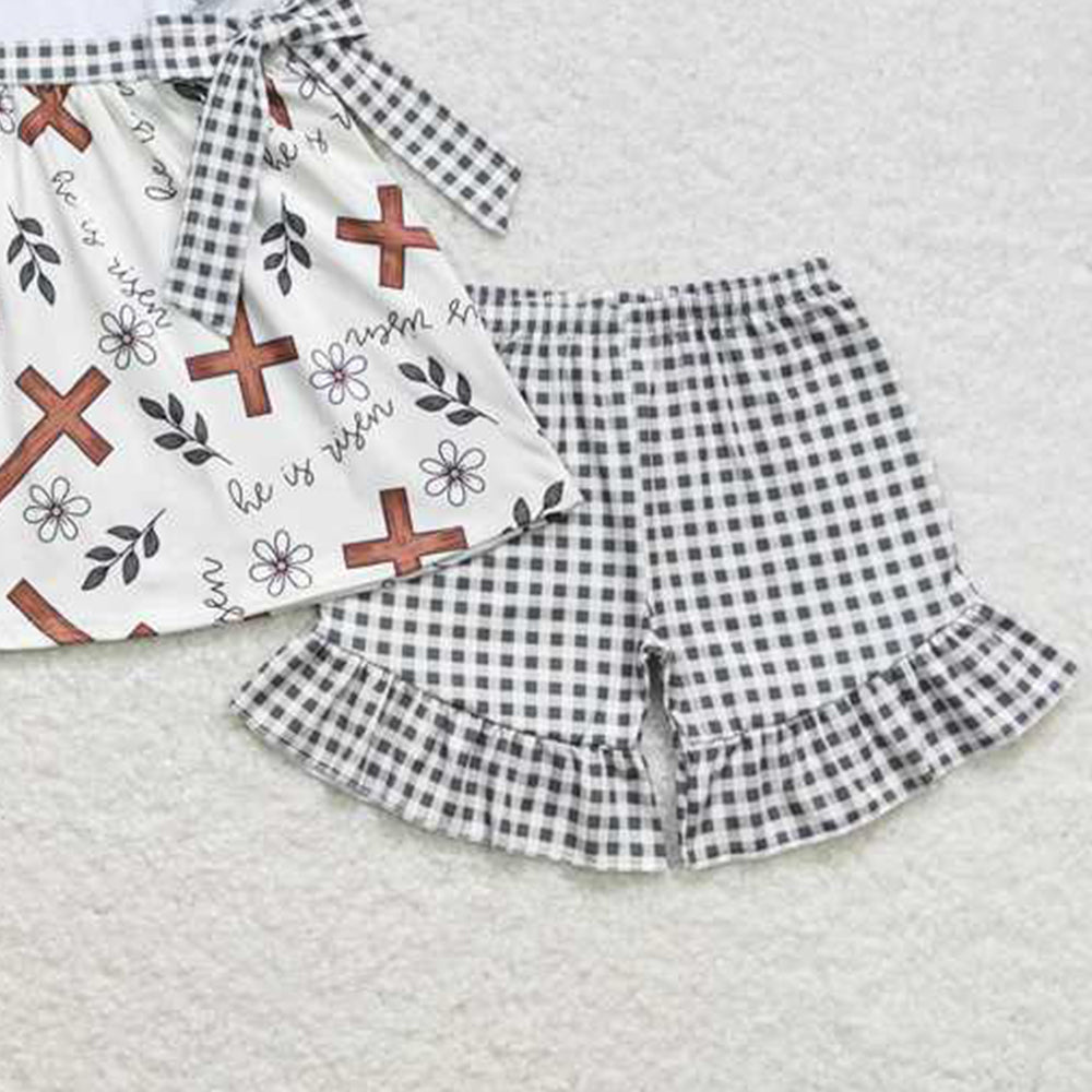 GSSO0492New Rts No Moq 8-9 Days By Air Arrived it Cross floral tunic plaid shorts girls easter outfits