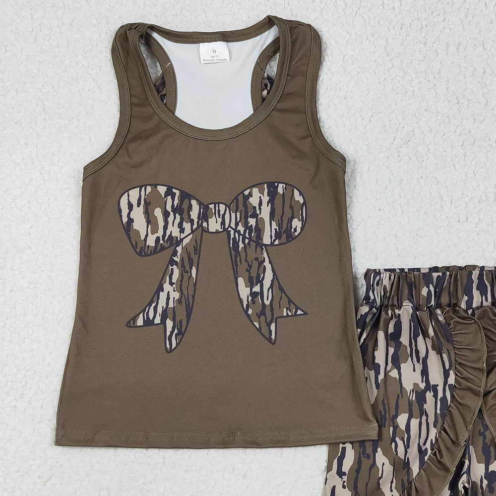 7.05 GSSO1627RTS NO MOQ Baby Girls Summer Outfits Baby Girls Dark Green Bows Vest Ruffle Bottomland Camo Shorts Clothes Sets