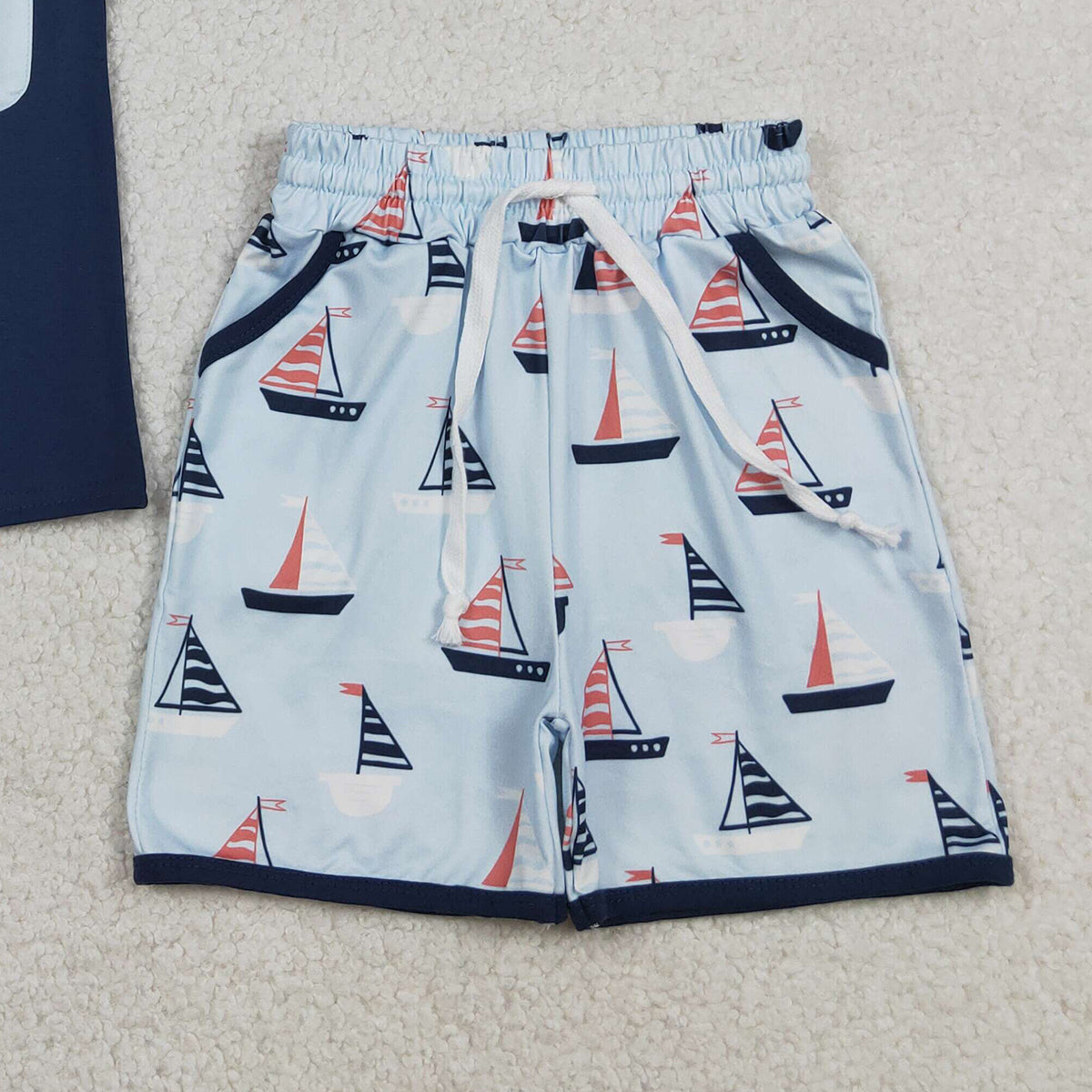 3.27 RTS NO MOQ （In stock）BSSO1855 Fashion Clothing For Baby Boys Short Sleeve Navy Shirt Top Boats Pockets Shorts Clothes Sets