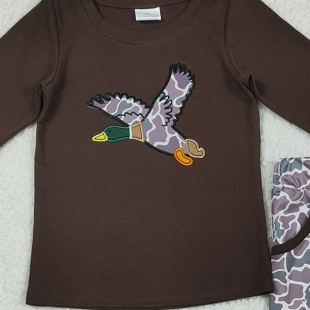 RTS NO MOQ （In stock）BLP1123 Baby Boys Winter Outfits Embroidery Baby Boys Brown Duck Top Camo Pocket Pant Sets