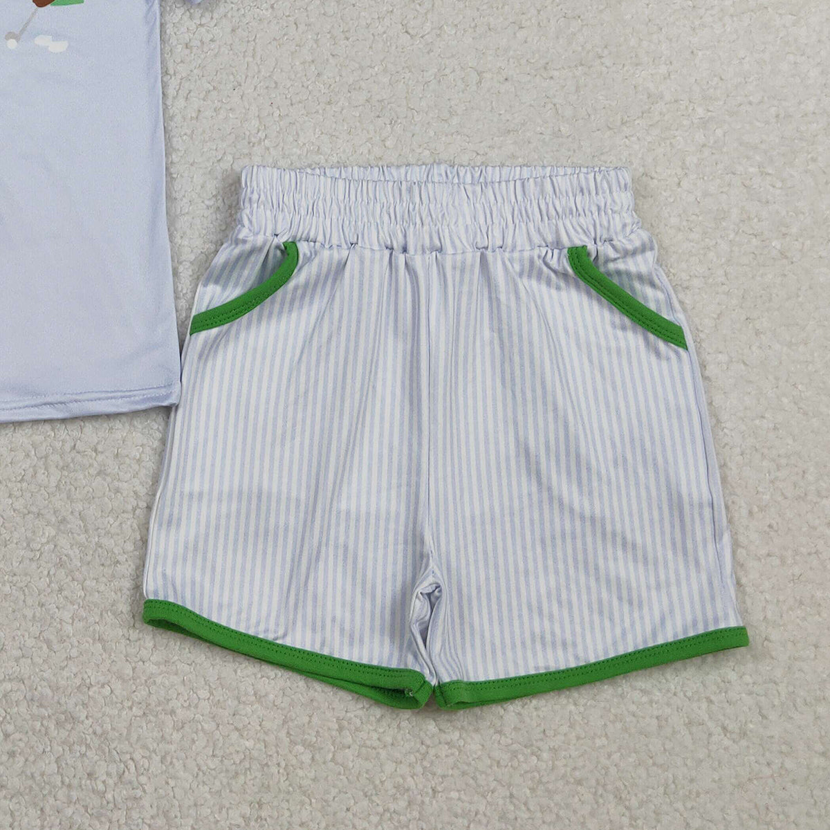 1.23 RTS NO MOQ （In stock）BSSO1757 Baby Boys Blue Bears Golf Top Pockets Stripe Shorts Clothes Sets