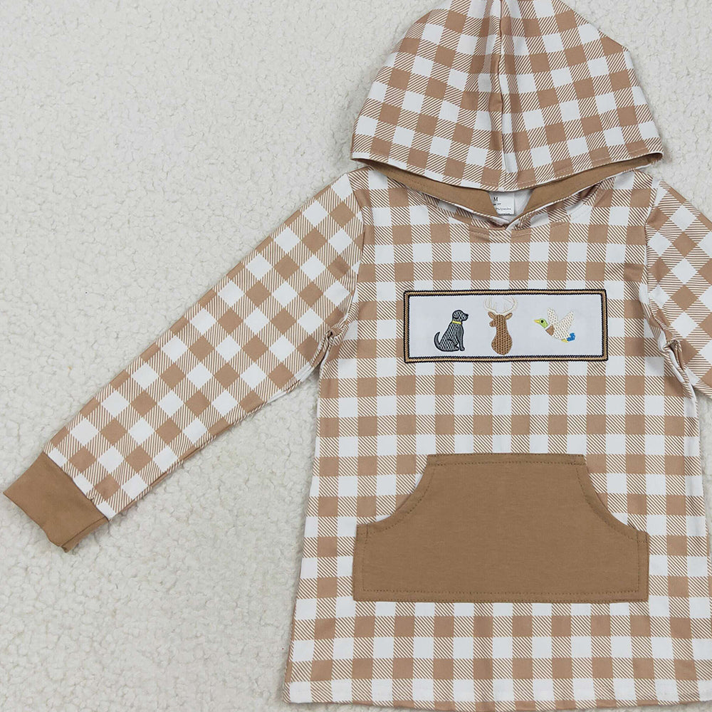 RTS NO MOQ （In stock）BT1285 Baby Boys Long Sleeve Tops Embroidery Dogs Deer Ducks Baby Boys Khaki Plaid Pocket Western Hoodies Top