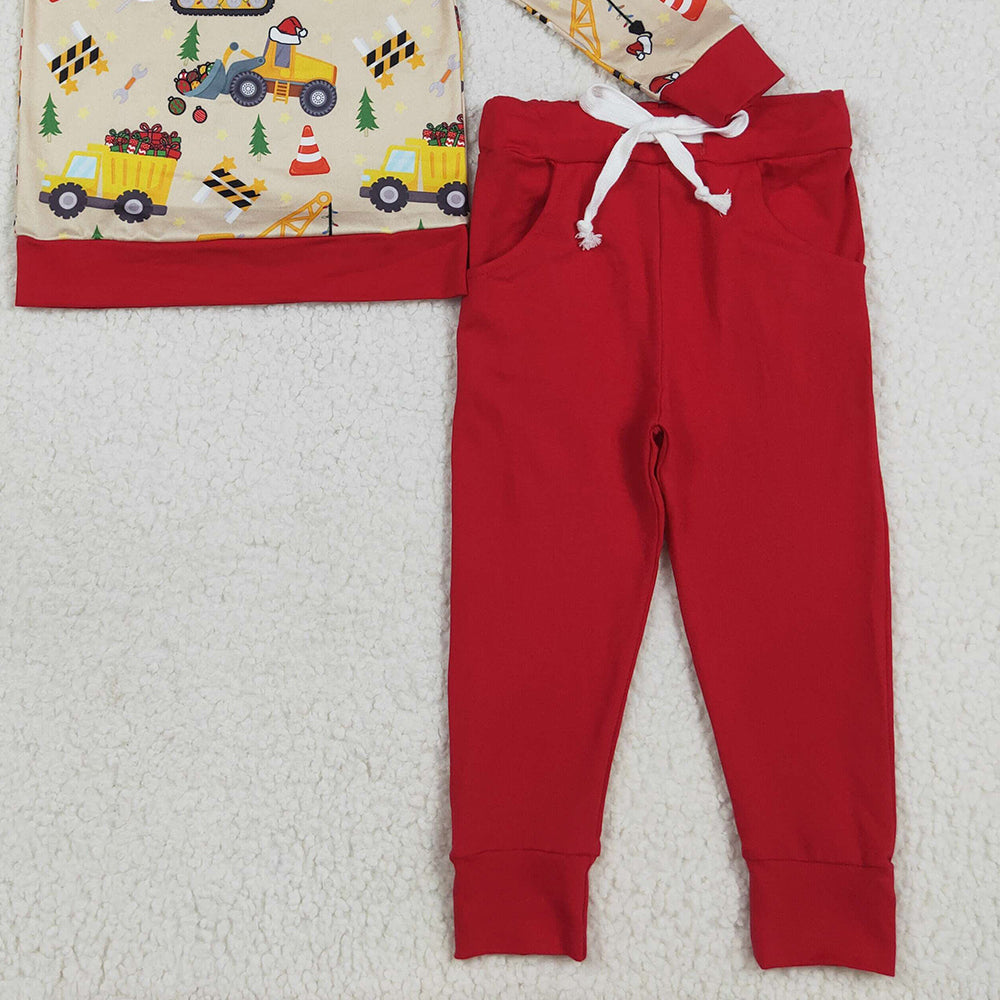 RTS NO MOQ （In stock）BLP1073 Baby Boys Winter Outfits Baby Boys Christmas Excavators Hats Top Pockets Legging Pant Sets