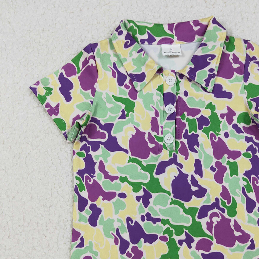 RTS NO MOQ （In stock）BT1345 Baby Boys Summer Tops Mardi Gras Purple Green Yellow Camo Button Polo Shirts Tops