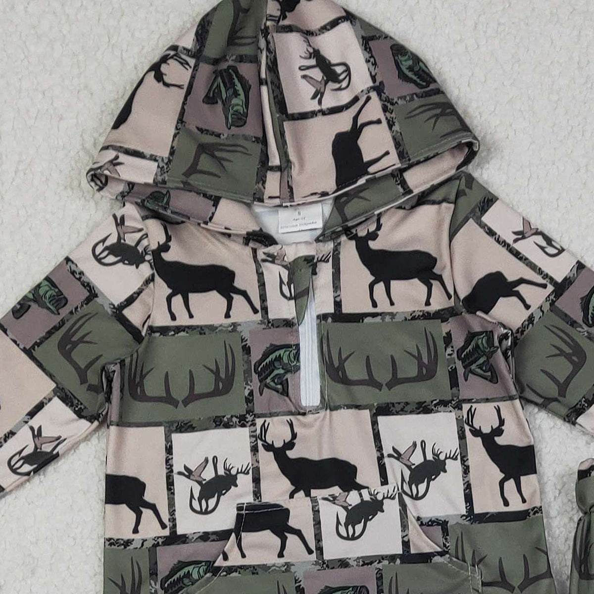 12.16 RTS NO MOQ （In stock）BLP1368 Baby Boys Deer Fishes Checked Zip Pockets Hoodies Pants Hunting Clothes Sets