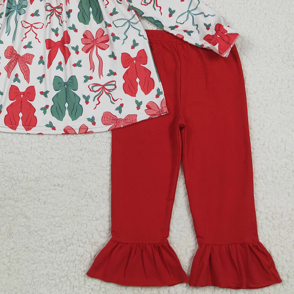RTS NO MOQ （In stock）GLP2346 Baby Girls Winter Outfits Baby Girls Christmas Red Green Bows Tunic Ruffle Pants Sets