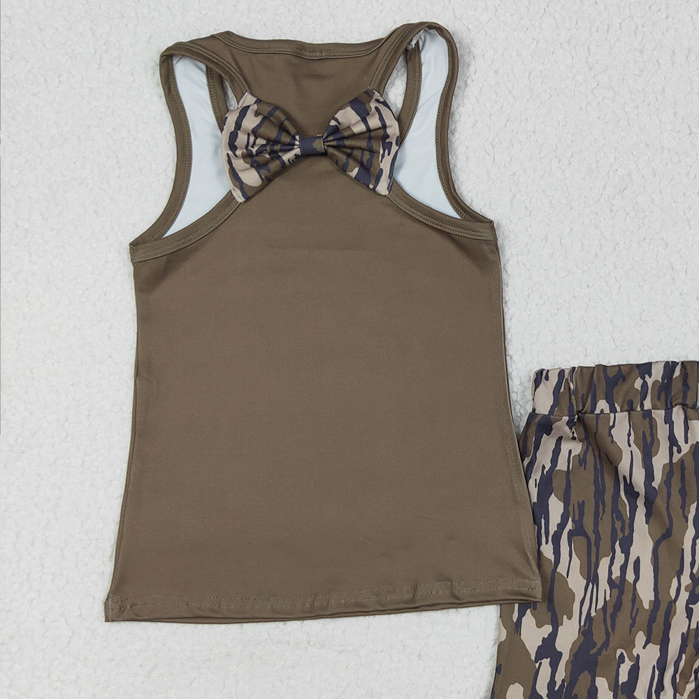 7.05 GSSO1627RTS NO MOQ Baby Girls Summer Outfits Baby Girls Dark Green Bows Vest Ruffle Bottomland Camo Shorts Clothes Sets