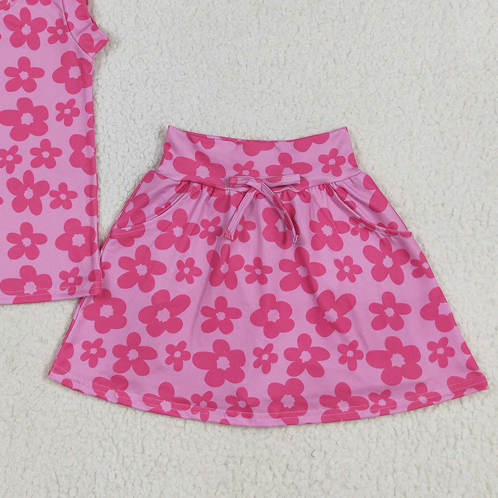 8.13  GSD2583 RTS NO MOQ Baby Girls Summer Outfits Baby Girls Sleeveless Hot Pink Flowers Top Pockets Short Skirts Set