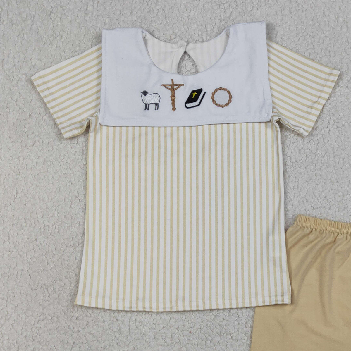 3.19 RTS NO MOQ （In stock）BSSO1777 Fashion Clothing For Baby Boys Embroidery Cross Sheep Stripe Top Shorts Clothes Sets