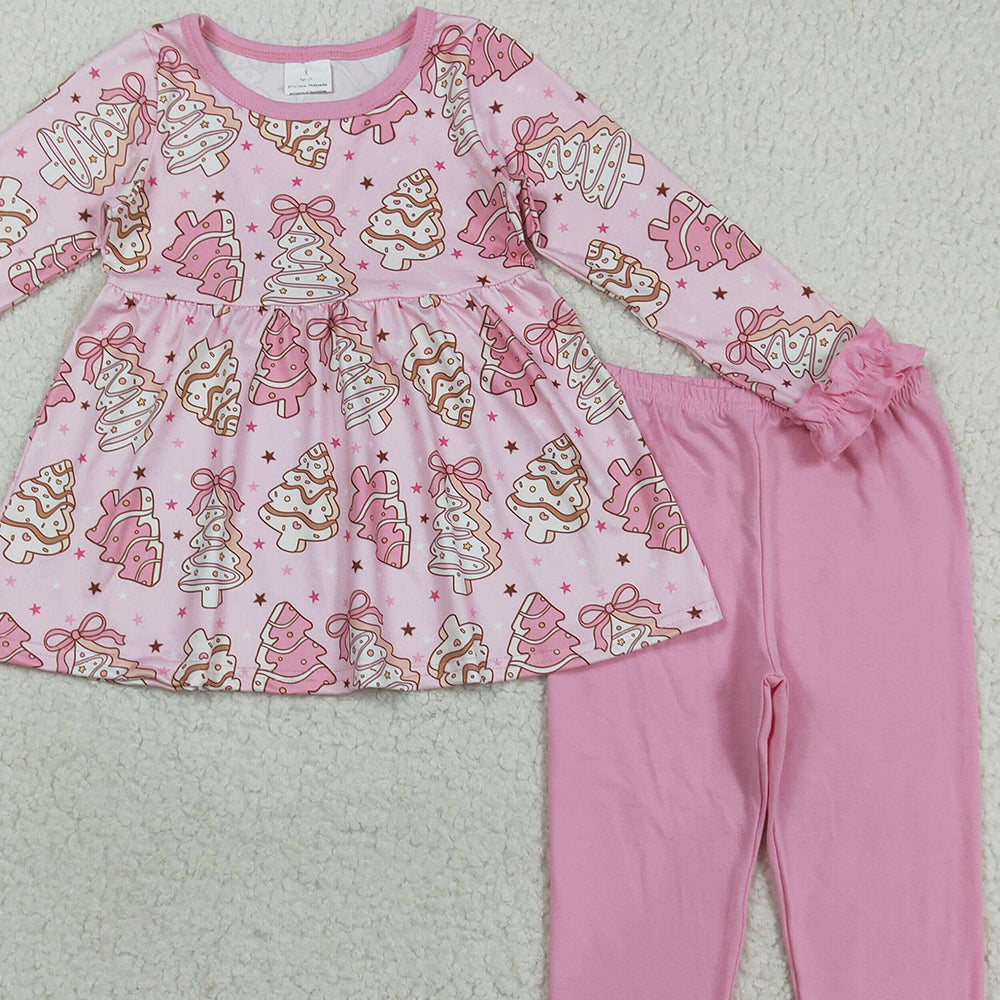 8.21 RTS NO MOQ （In stock）GLP2471 Baby Girls Winter Outfits Baby Girls Pink Christmas Trees Bows Tunic Legging Pant Clothes Set