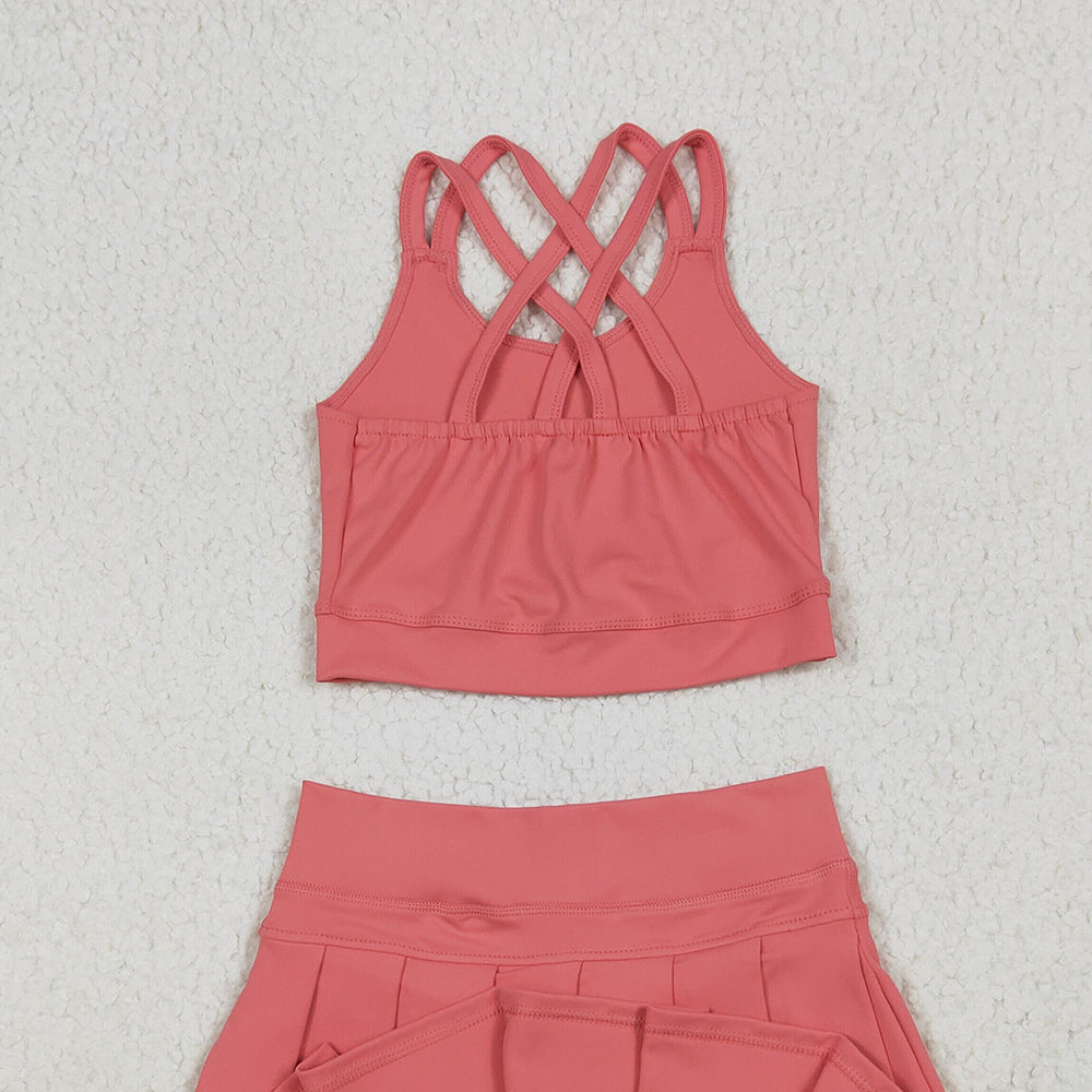 GT1004+GLK0080RTS NO MOQ Peach straps kids girls summer activewear crop top Orange high waist activewear skorts sets