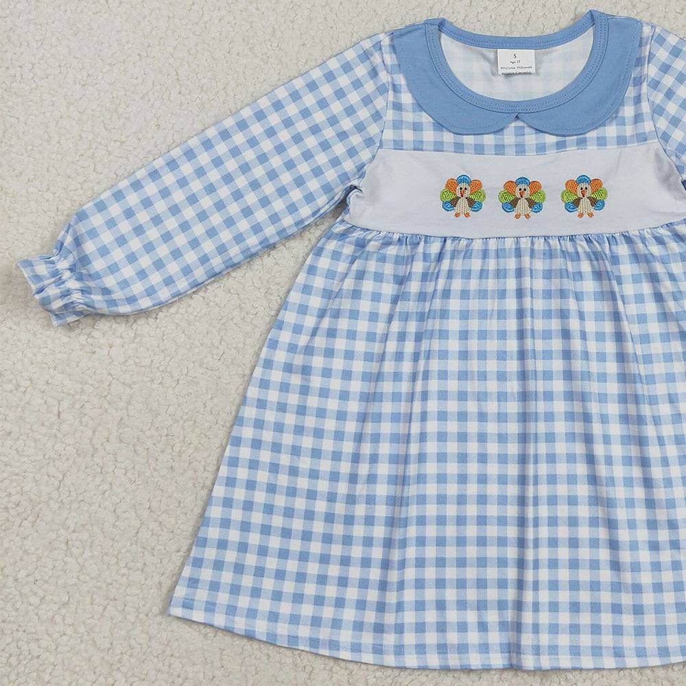 8.25  RTS NO MOQ （In stock）GLD1070 Baby Girls Winter Dress Embroidery Baby Girls Blue Checkered Thanksgiving Turkey Ruffle Knee Length Dress