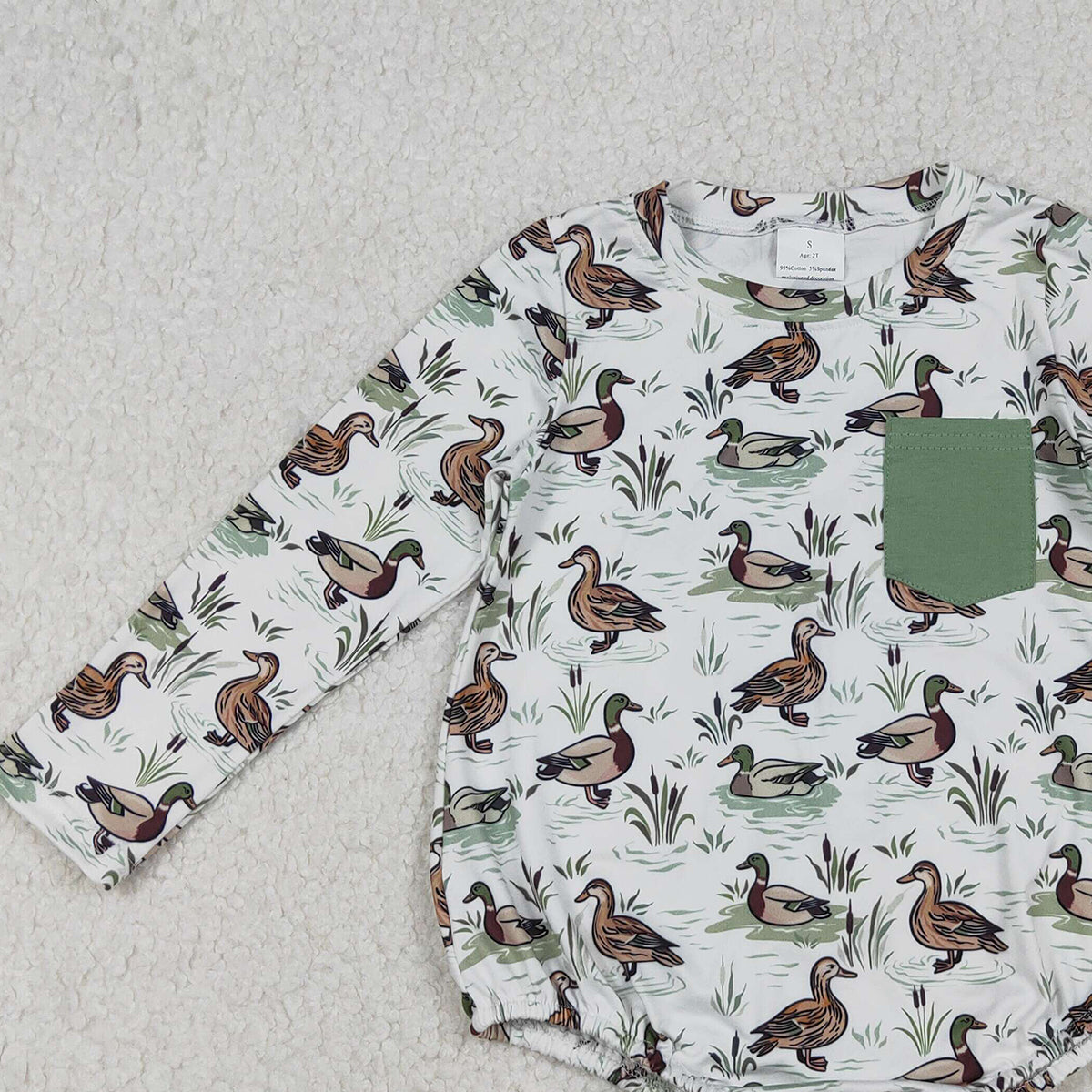 10.27 RTS NO MOQ （In stock）LR2762 Baby Boys Winter Rompers Baby Boys Long Sleeve Green Ducks Pocket Southern Rompers