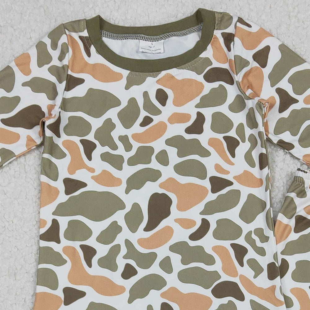 RTS NO MOQ （In stock）BLP1228 Baby Boys Winter Outfits Green Yellow Camo Top Pant Western Pajamas Set