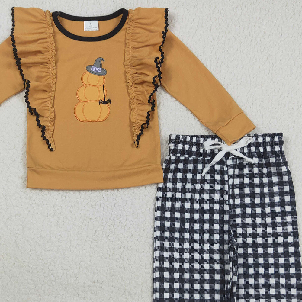 RTS NO MOQ （In stock）GLP2445 Baby Girls Winter Outfits Embroidery Hat Pumpkins Baby Girls Ruffle Shirt Black Plaid Pant Halloween Set