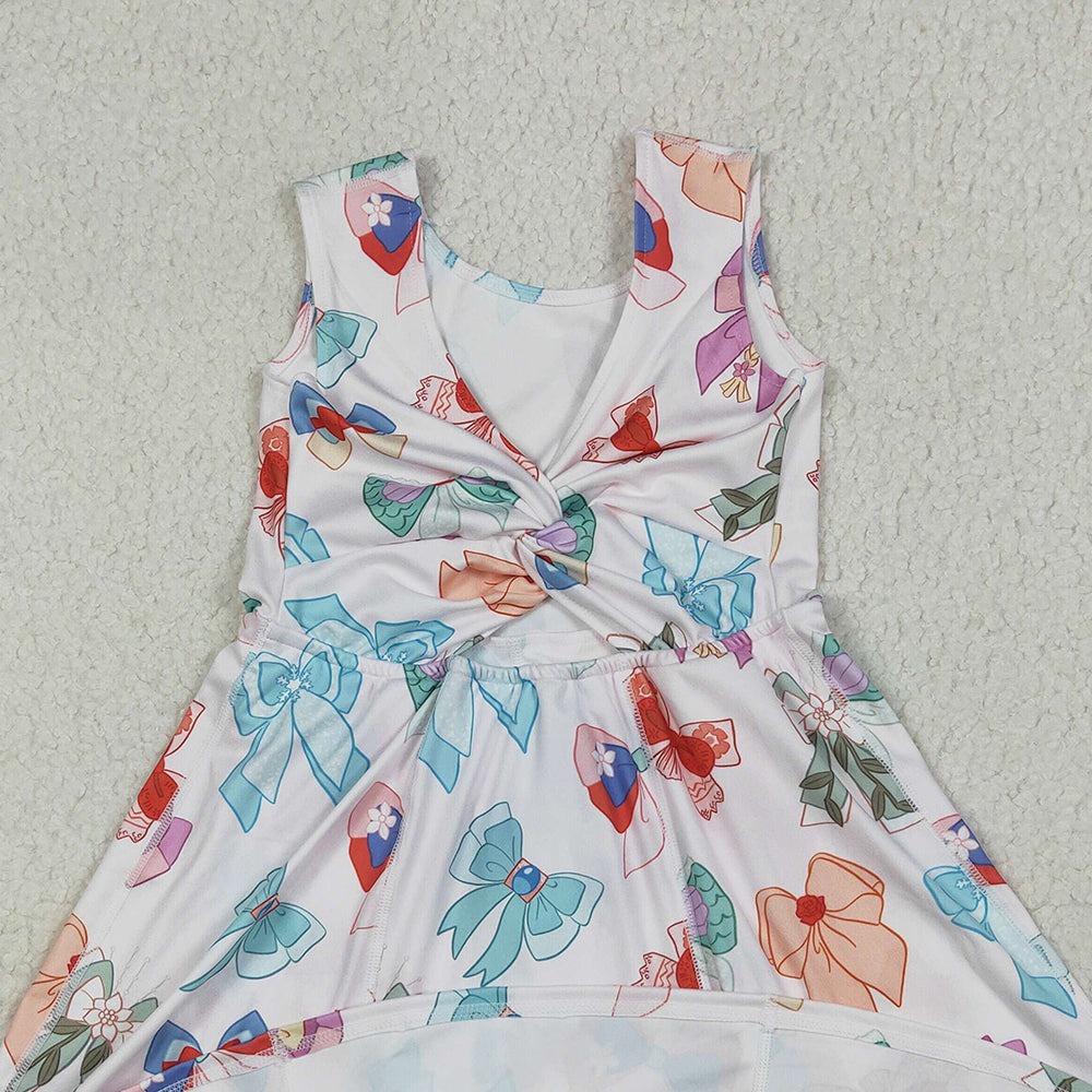 8.12  GSD2049 RTS NO MOQ Baby Girls Summer Yoga Dress Baby Girls Colorful Hero Bows Athletic Active Wear Knee Length Dresses