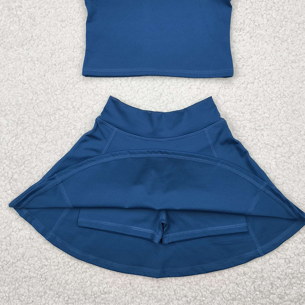 5.15  GSD1986 RTS NO MOQ Baby Girls Yoga Outfits Dark blue sleeveless top skirt kids girls active wear set