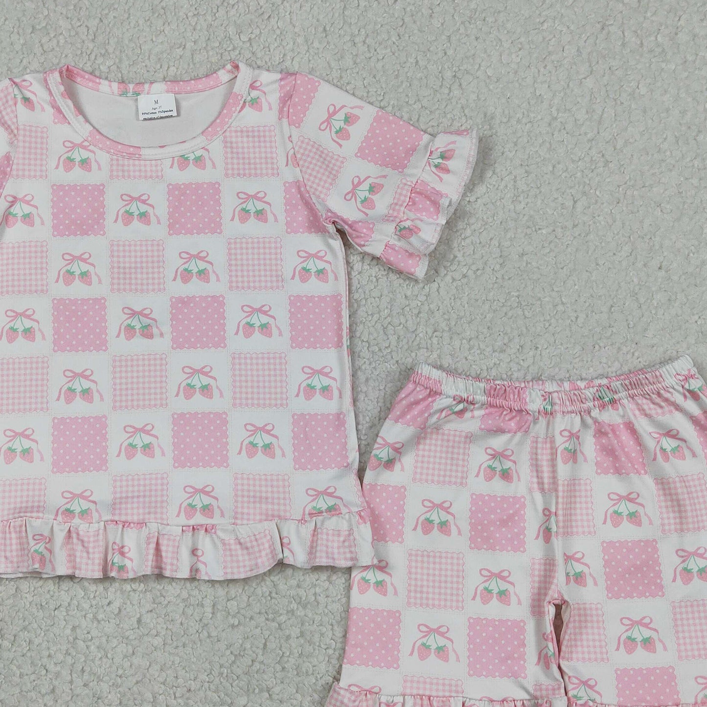 GSSO3342 RTS NO MOQ （In stock ）Short sleeves pink bow strawberry kids girls outfits