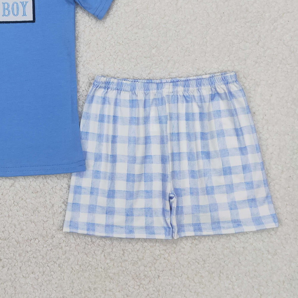 BSSO1433 RTS NO MOQ Baby Boys Summer Boys Outfits Light blue daddy's boy plaid shorts boys clothing