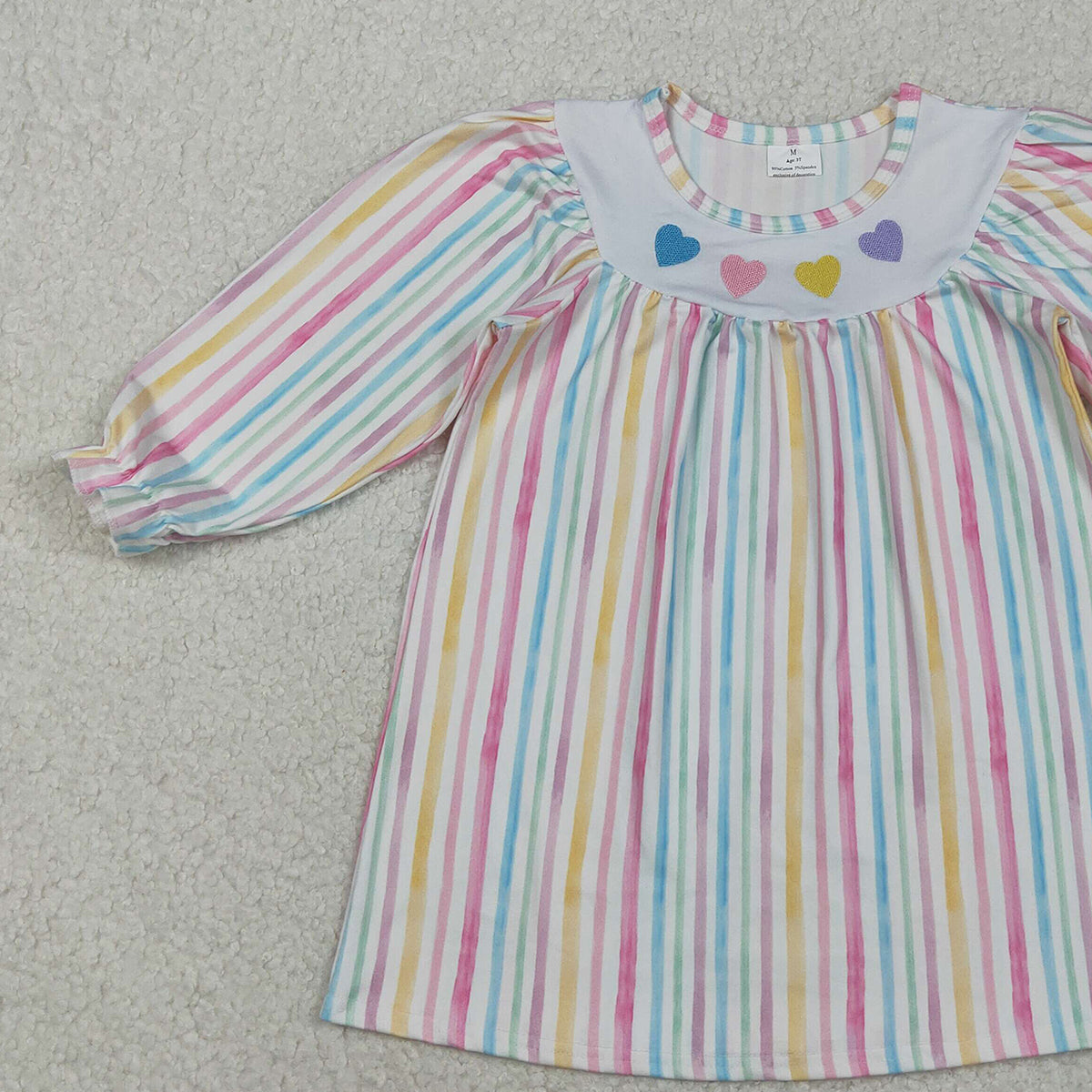 11.4 RTS NO MOQ （In stock）GLD1335 Baby Girls Winter Dress Embroidery Hearts Baby Girls Colorful Stripes Valentine Knee Length Dresses