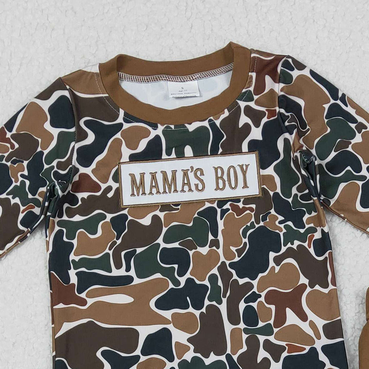 11.18 RTS NO MOQ （In stock）BLP1337 Embroidery Mama's Boy Baby Boys Dark Brown Camo Pockets Jogger Clothes Sets