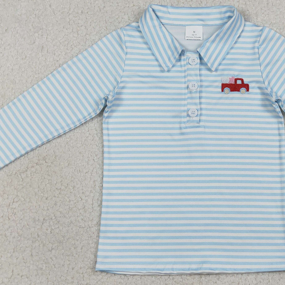 1.15 RTS NO MOQ （In stock）BT1573 Embroidery Heart Trucks Baby Boys Blue Stripe Valentines Button Polo Shirts Top