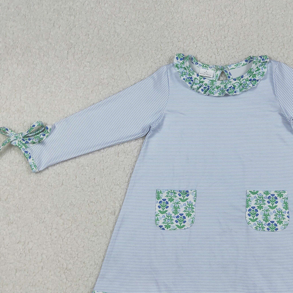 RTS NO MOQ （In stock）GLD0927  Baby Girls Winter Dress Stripes Green Flowers Pockets Knee Length Dresses
