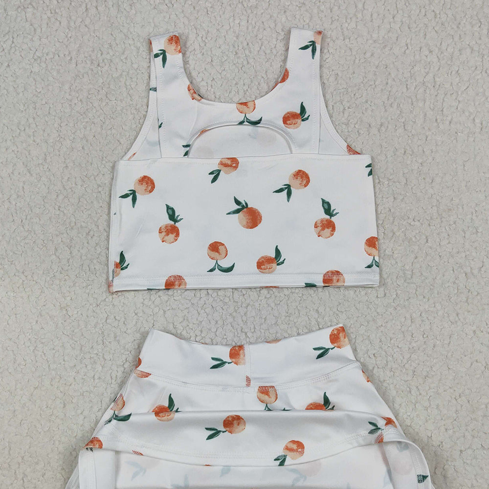 RTS NO MOQ （In stock）GSD2738 Baby Girls Yoga Outfits Baby Girls Summer White Peach Top Skirts Active Wear Clothes Sets