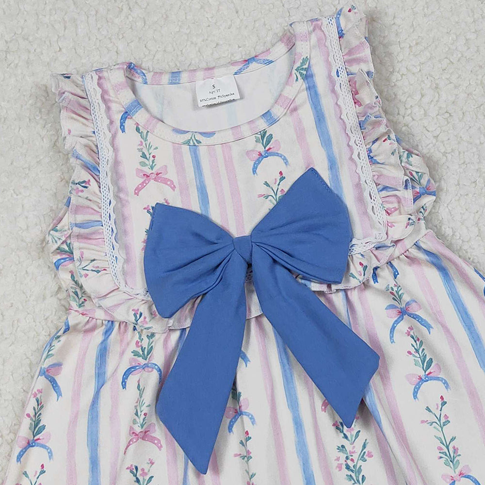 RTS NO MOQ （In stock）GSSO2533 Baby Girls Summer Outfits Sleeveless Floral Stripe Tunic Ruffle Shorts Sets
