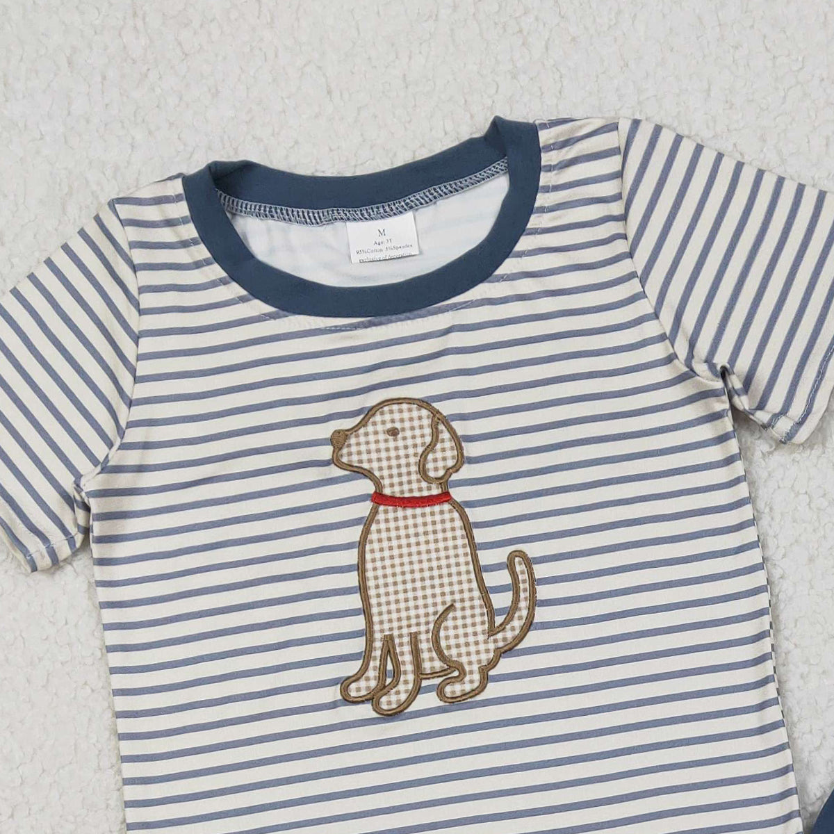 1.17 RTS NO MOQ （In stock）BSSO1745 Embroidery Dogs Baby Boys Stripe Top Shorts Hunting Clothes Sets